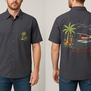 Spicy Tuna Men's Medium Camp Shirt Embroidered Fishing Plane Graphic Button‎ Up